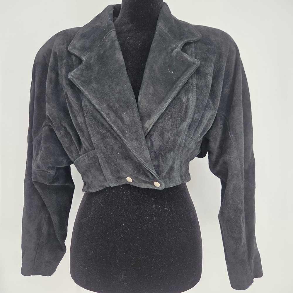 Vtg Phoenix‎ Womens Cropped Black Leather Jacket Medium Suede Open Front USA